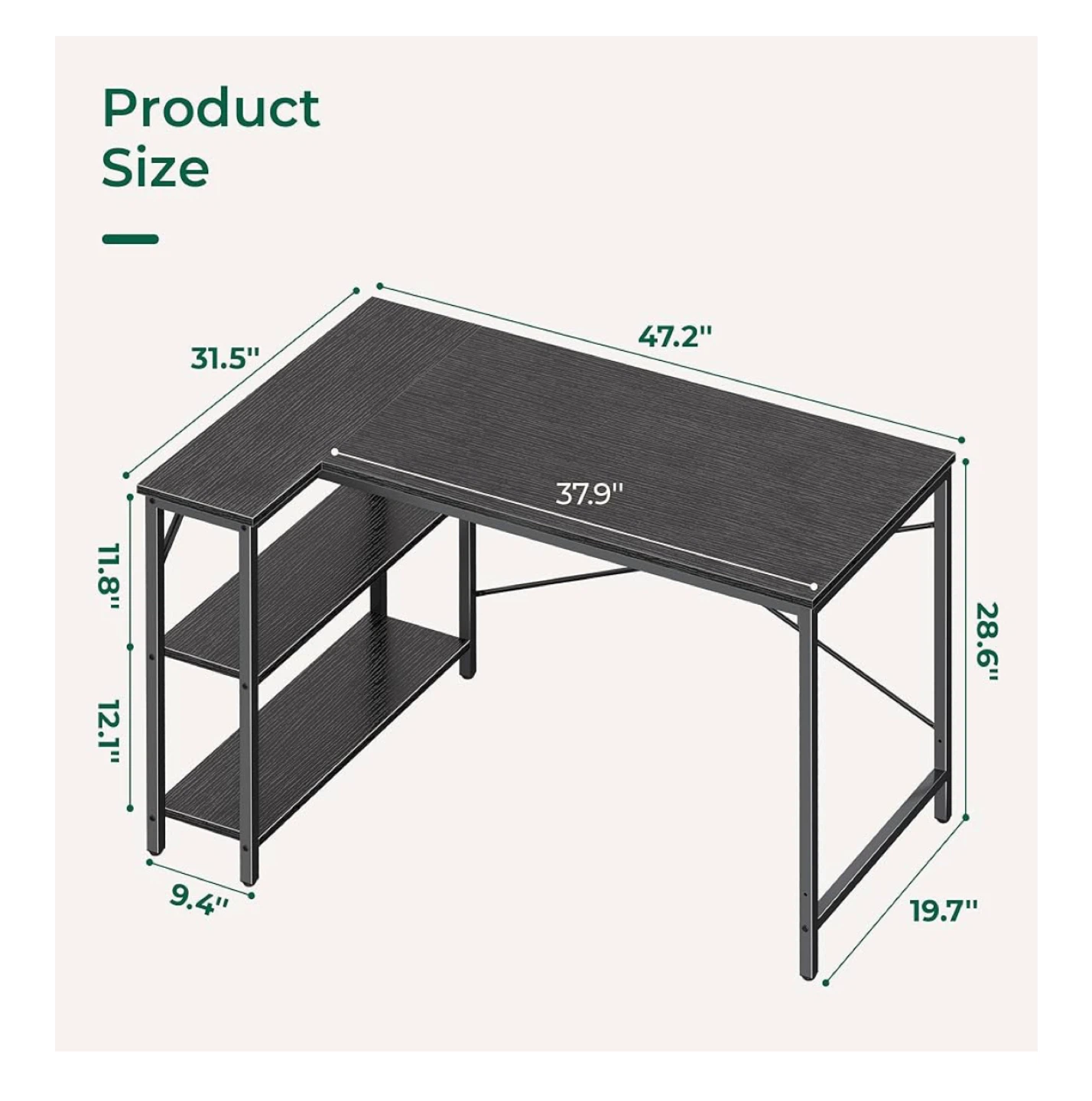 Black L-Shaped Corner Desk with Shelves - photo 2