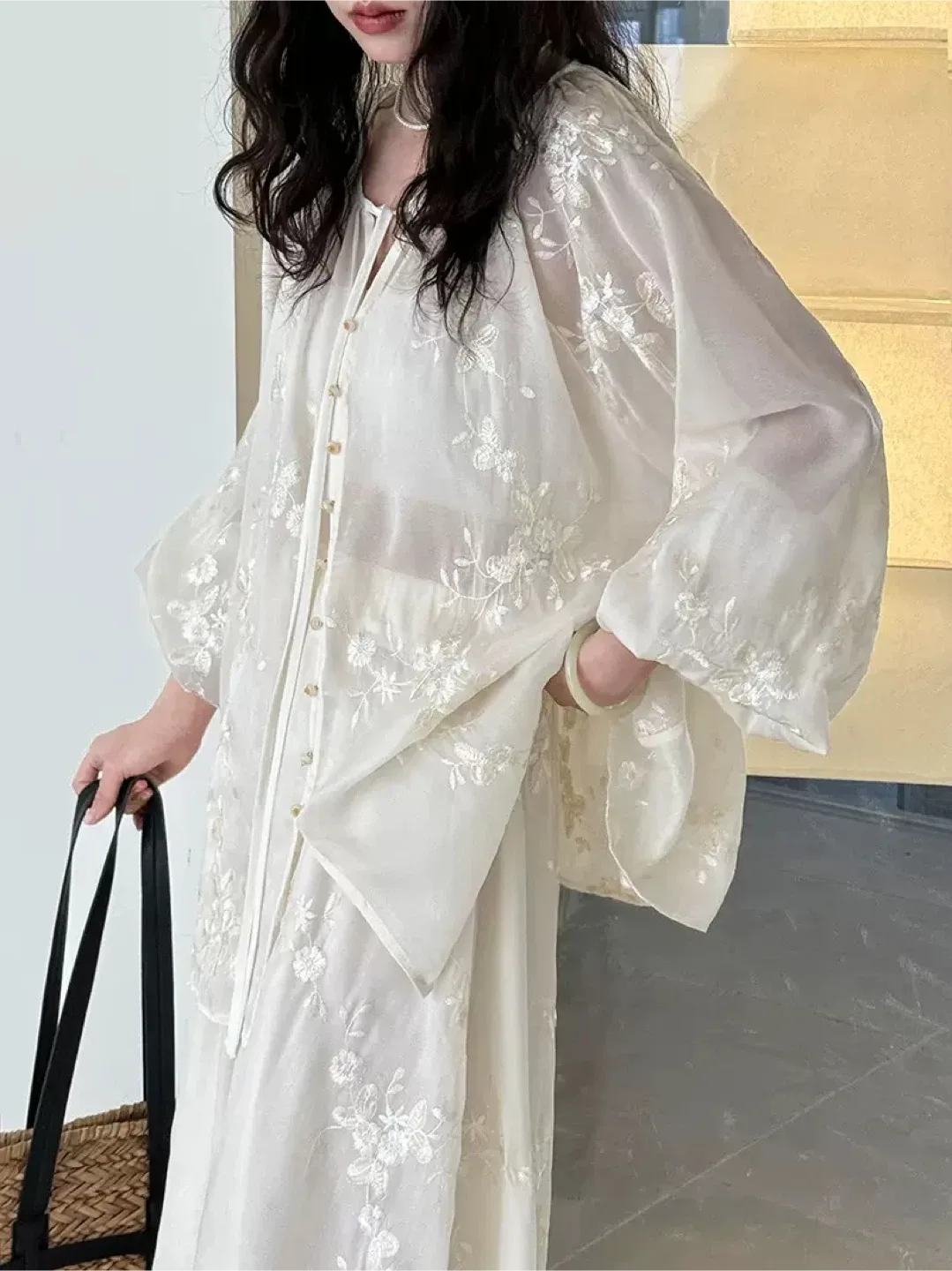 White Floral Embroidered Two-Piece Set thumbnail