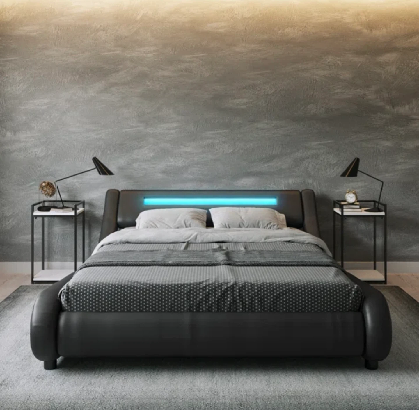 Full Size Black Platform Bed with LED Lighting