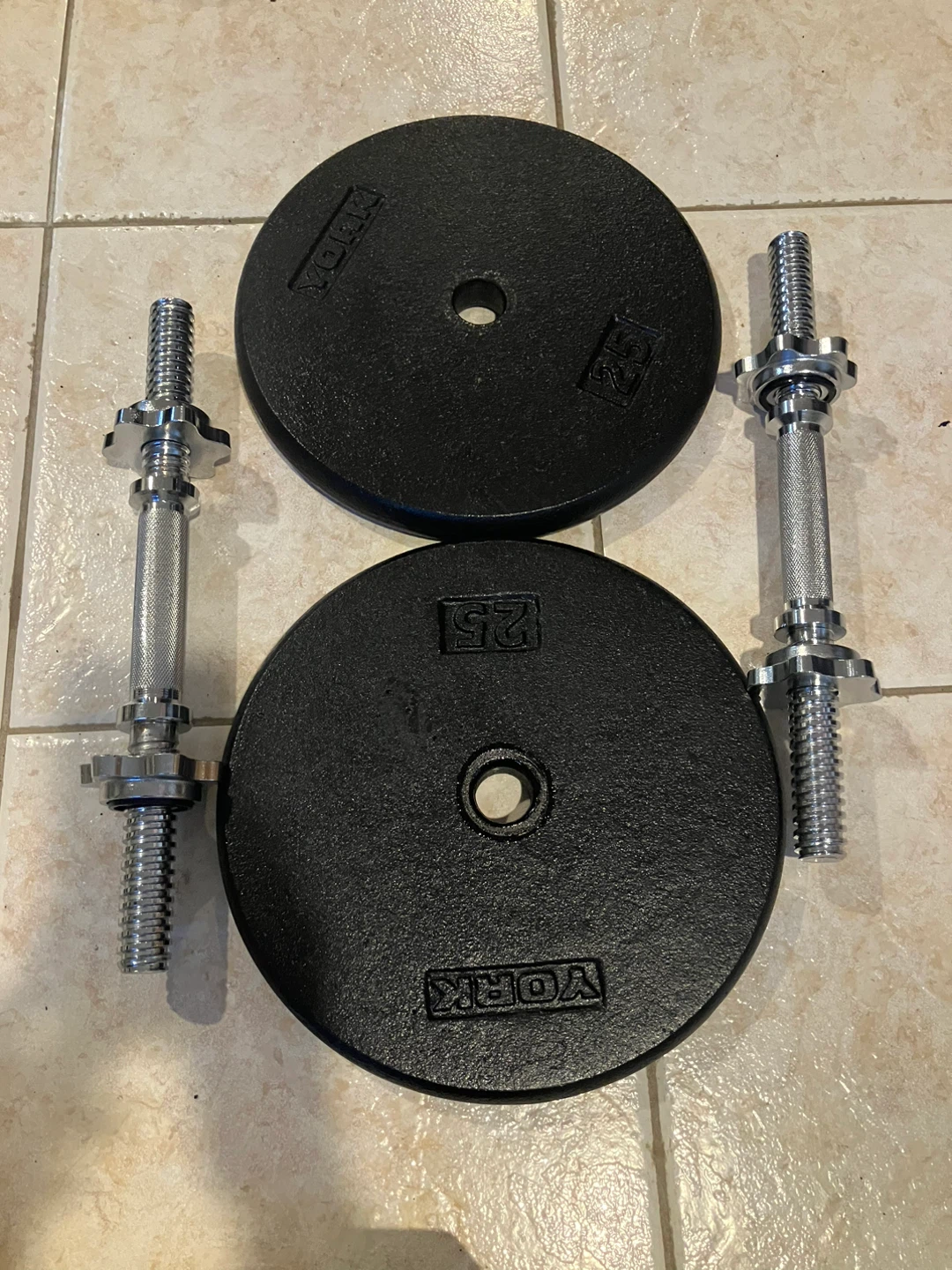 York 25 lb Weight Plates & Dumbbell Bars