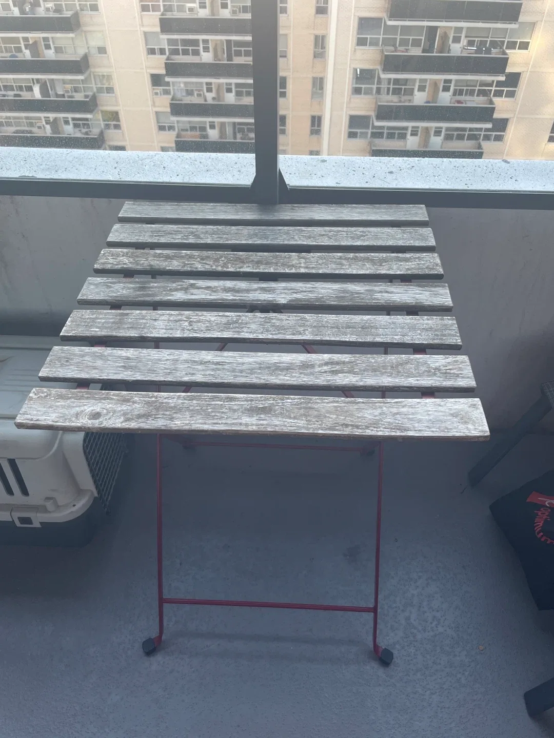 Folding Outdoor Table - Wood & Red Metal thumbnail
