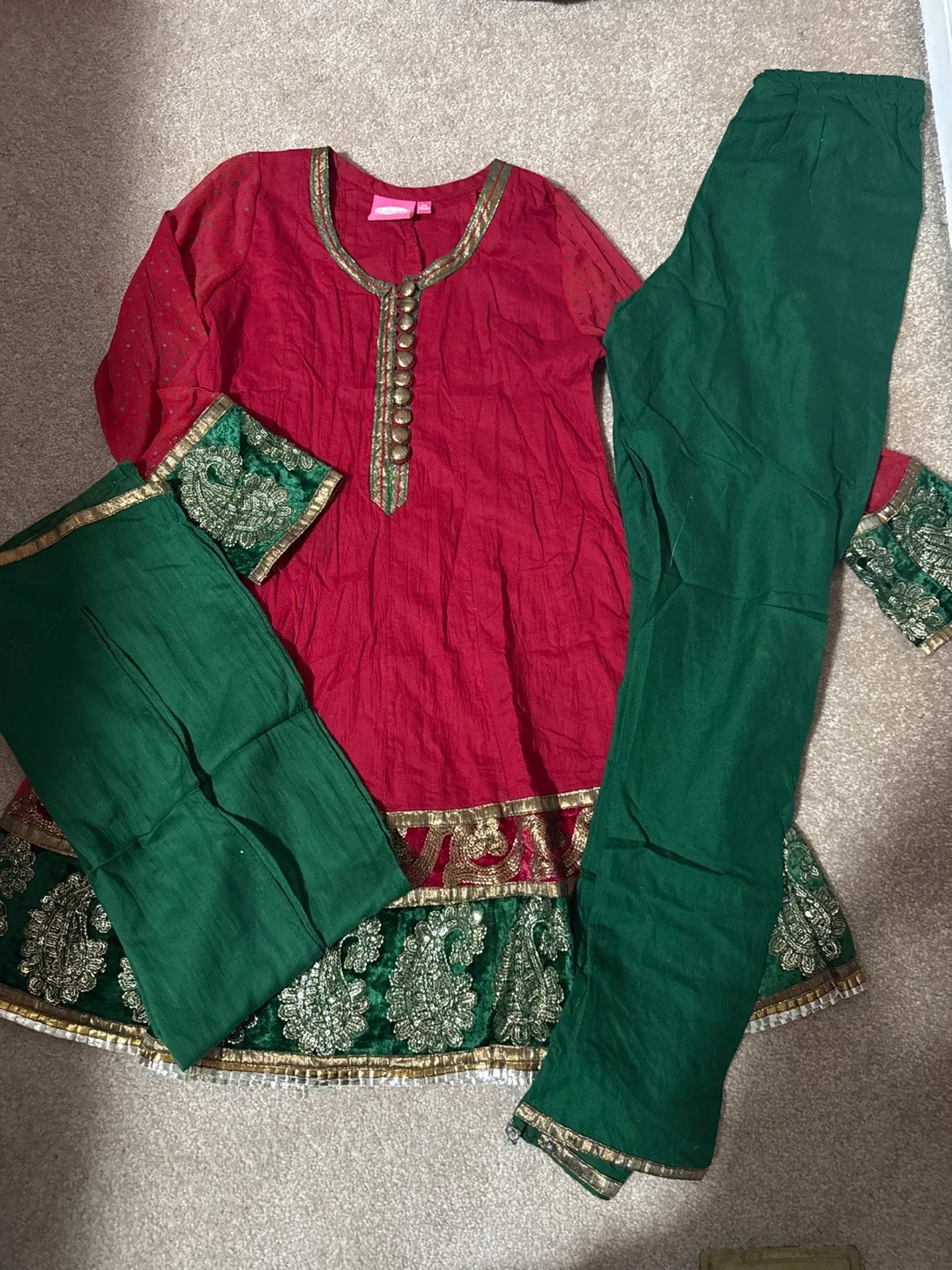 Red & Green embroidered shalwar kameez thumbnail
