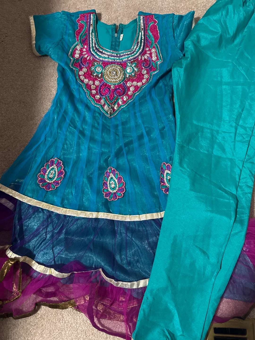 Girls' Teal & Pink Embroidered shalwar suit