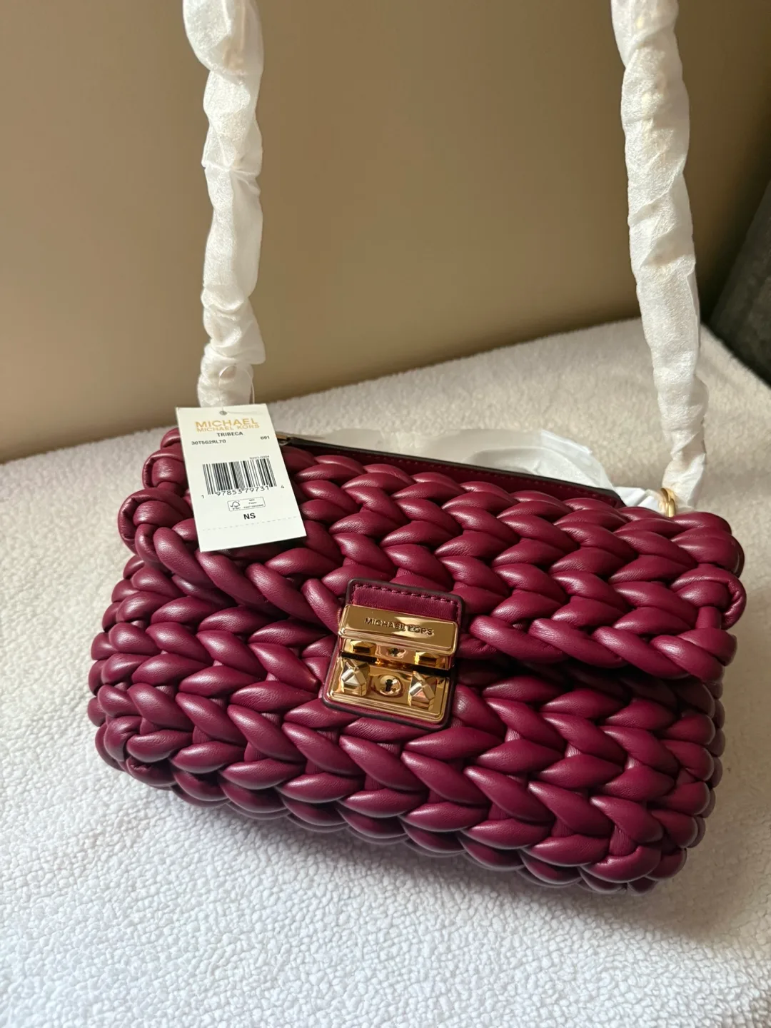 New Michael Kors Tribeca Small Woven Leather Handbag
