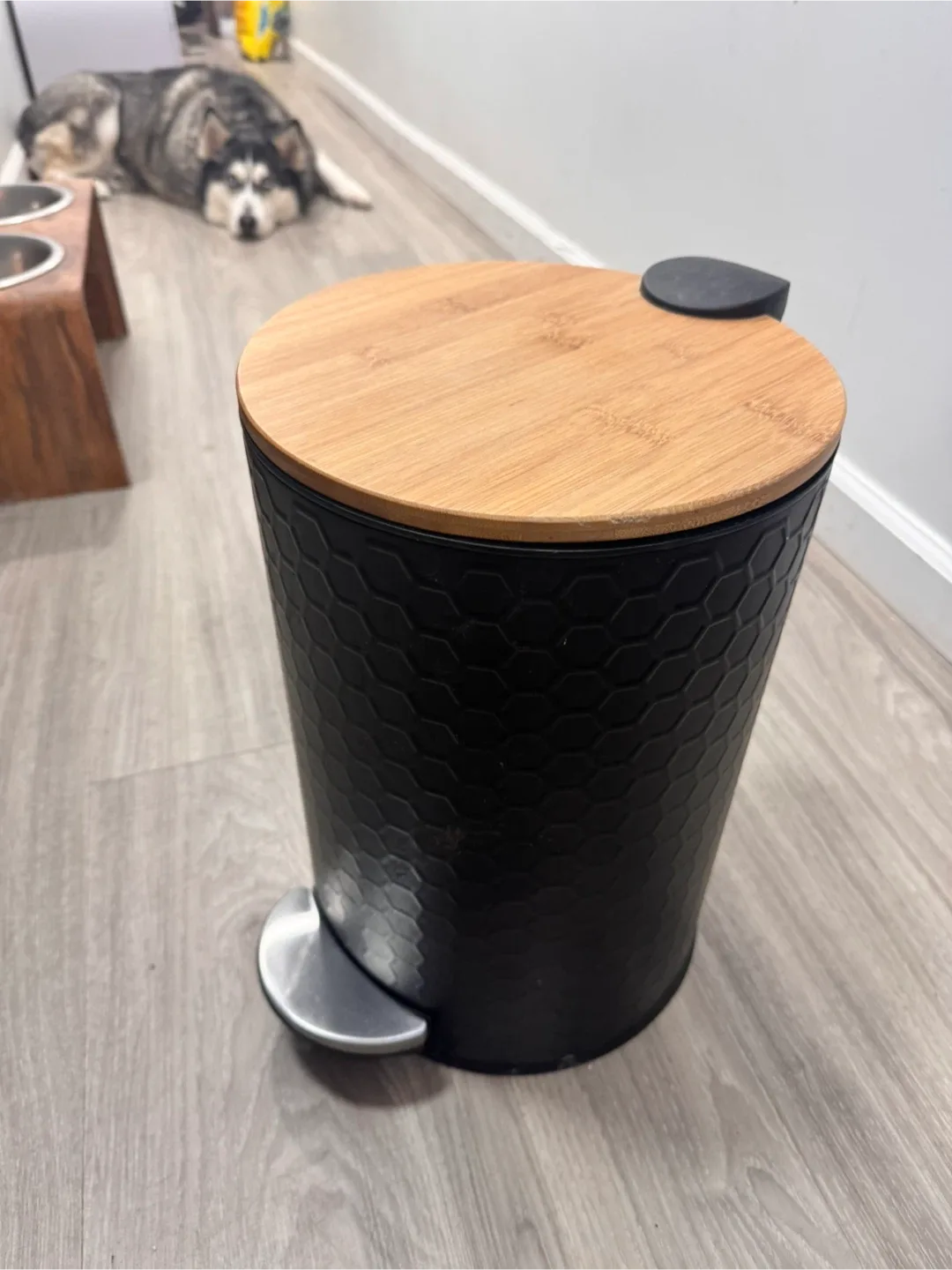 Black Step Trash Can with Bamboo Lid