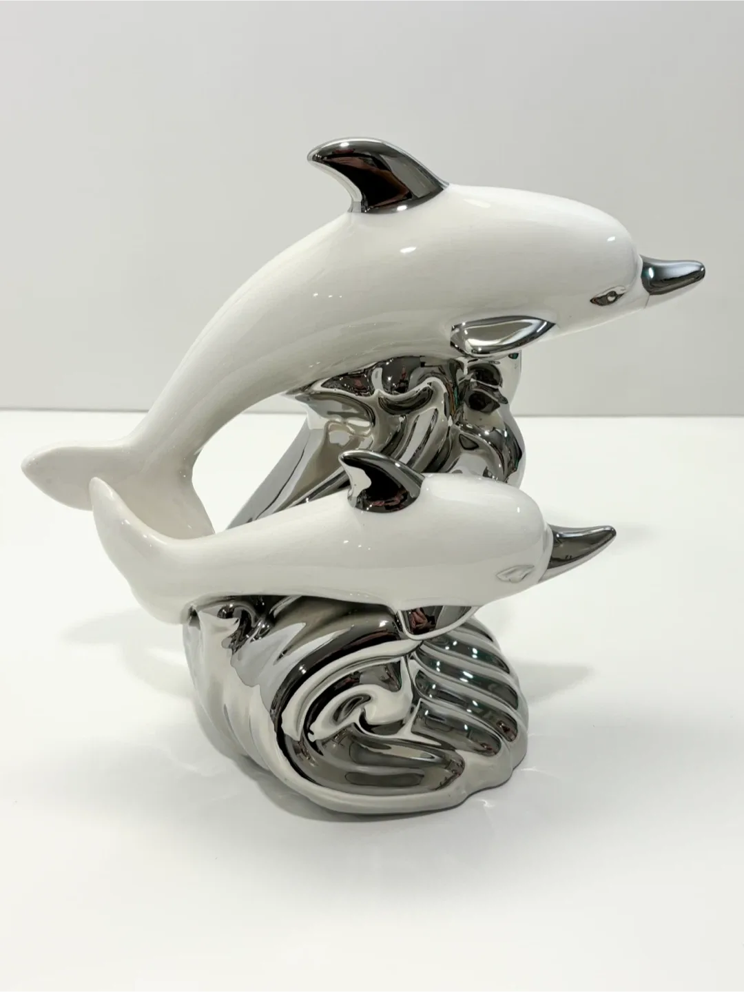 Dolphin Sculpture - White & Silver Ceramic thumbnail