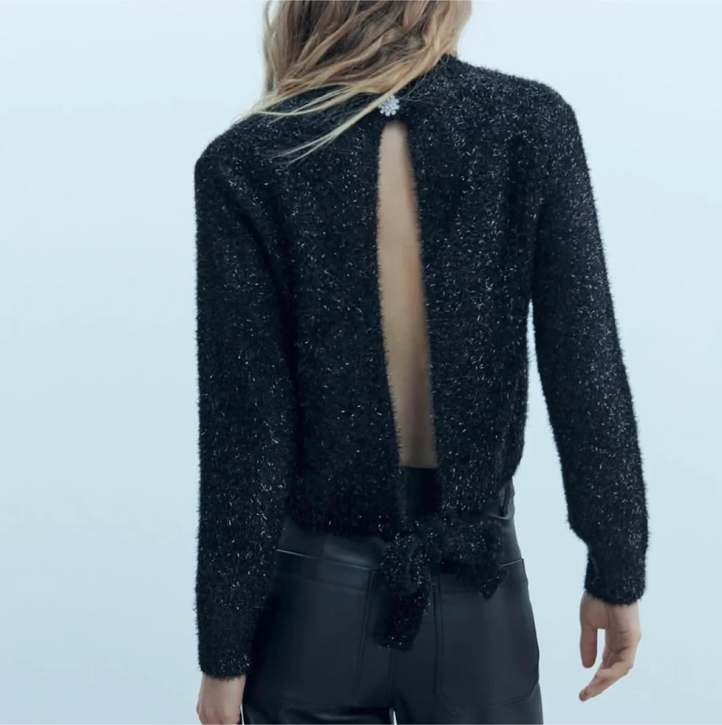 Zara Black Sparkle Tie Back Sweater - Size M thumbnail