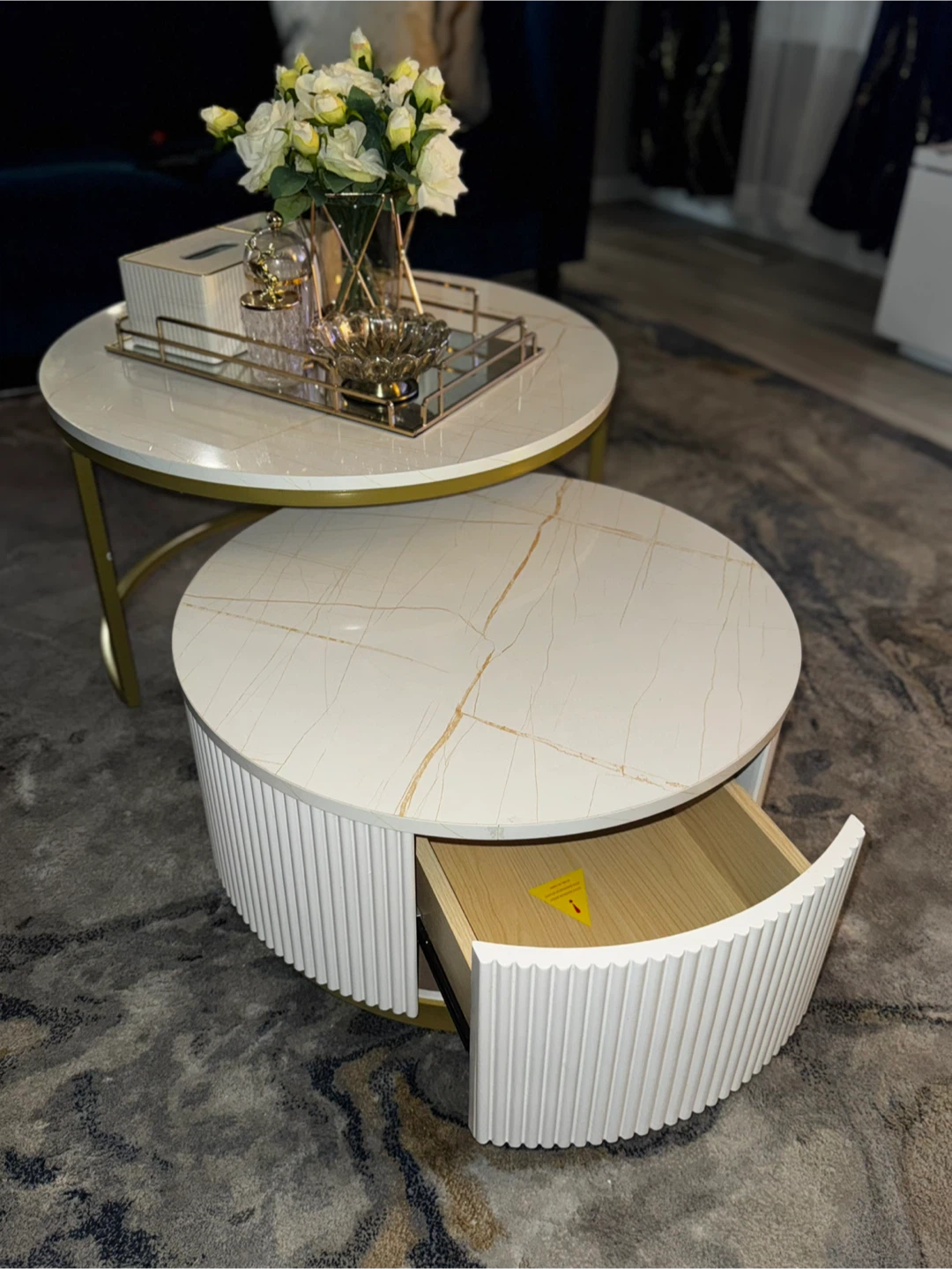 Round Nesting Coffee Table Set - White & Gold