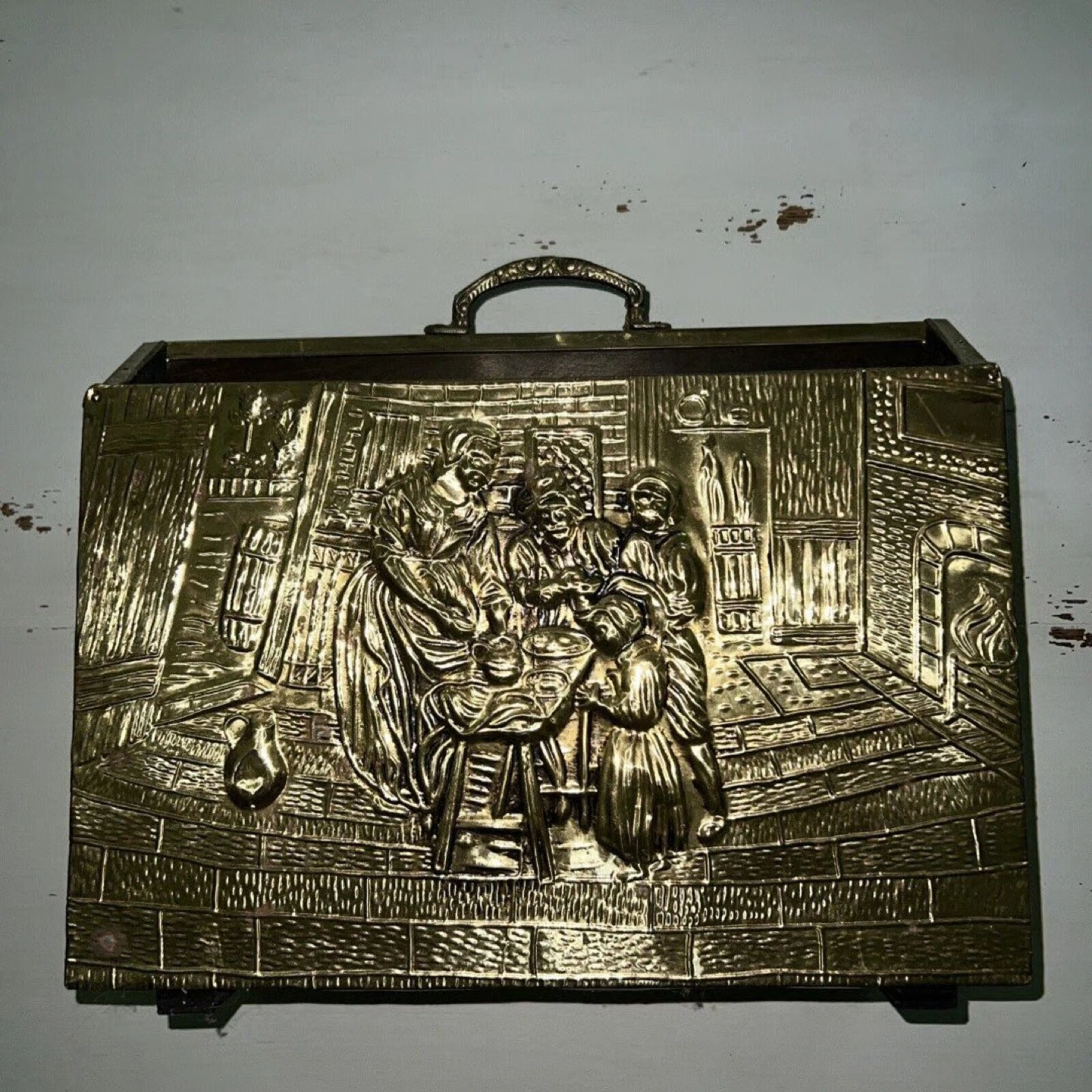Vintage Brass Magazine Rack with Relief