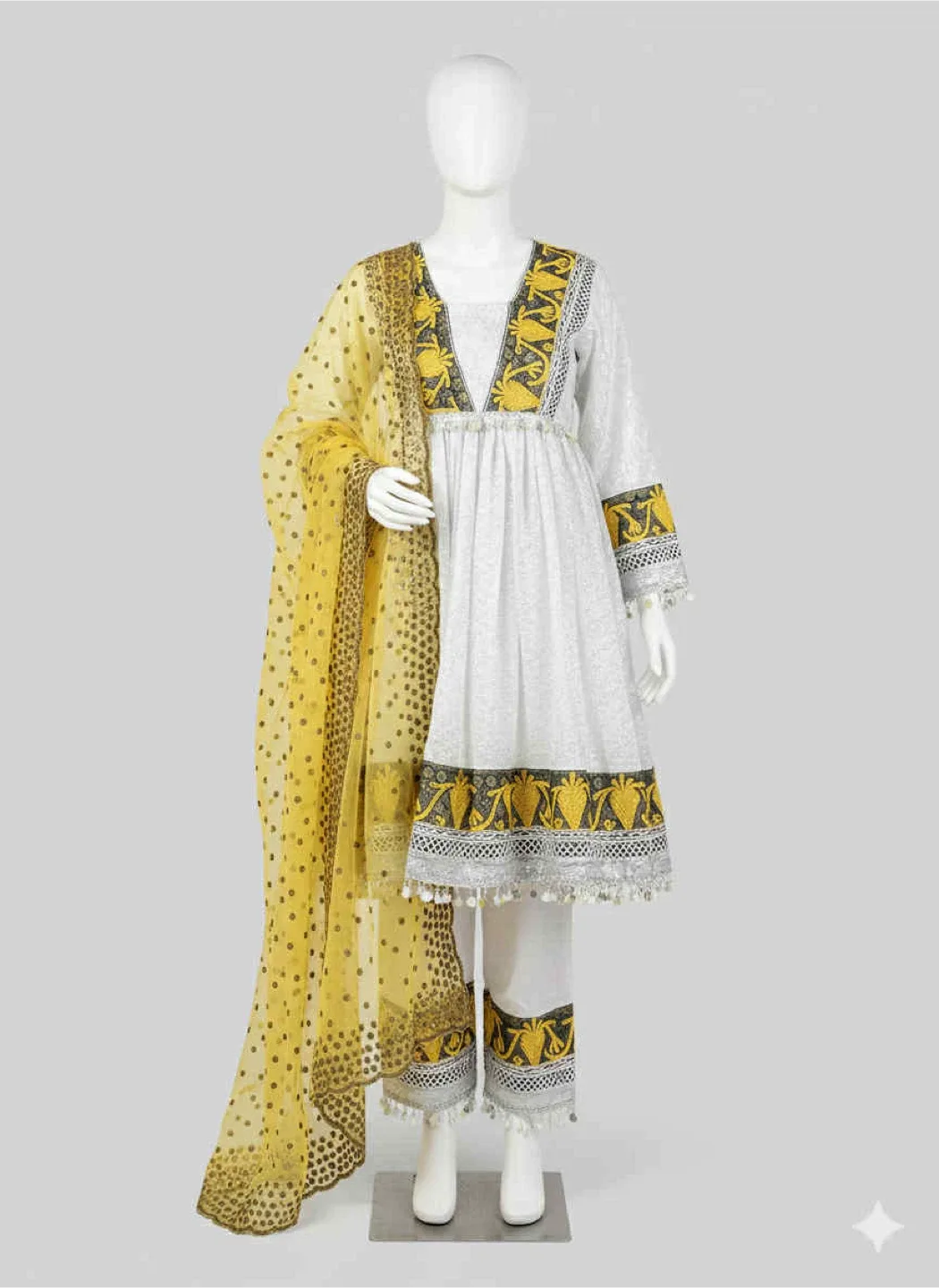 White & Yellow Embroidered Shalwar Kameez thumbnail
