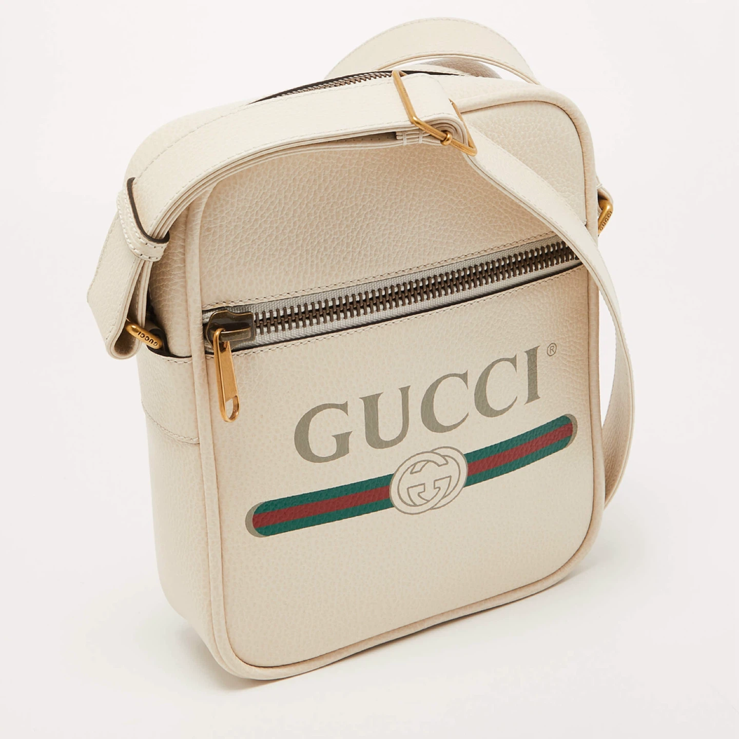 Gucci Off White Logo Print Leather Messenger Bag