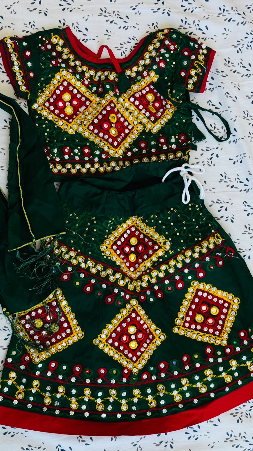 Embroidered Ghagra Choli Set - Green & Red
