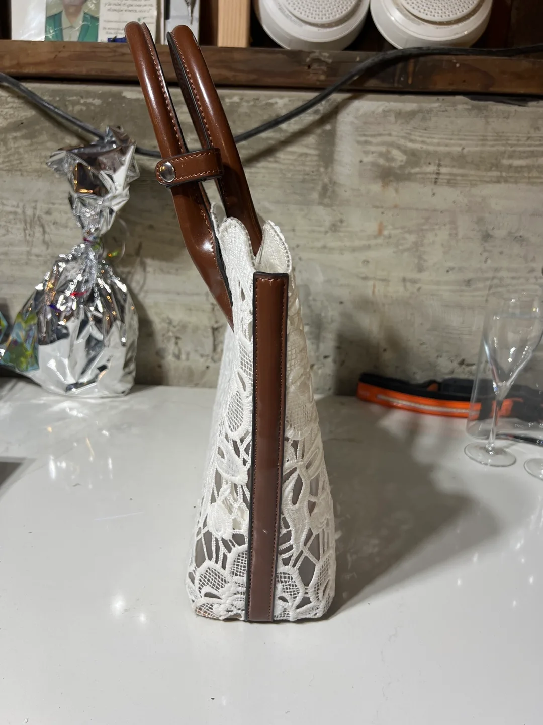 White Lace & Brown Leather Handbag image indicator(3)