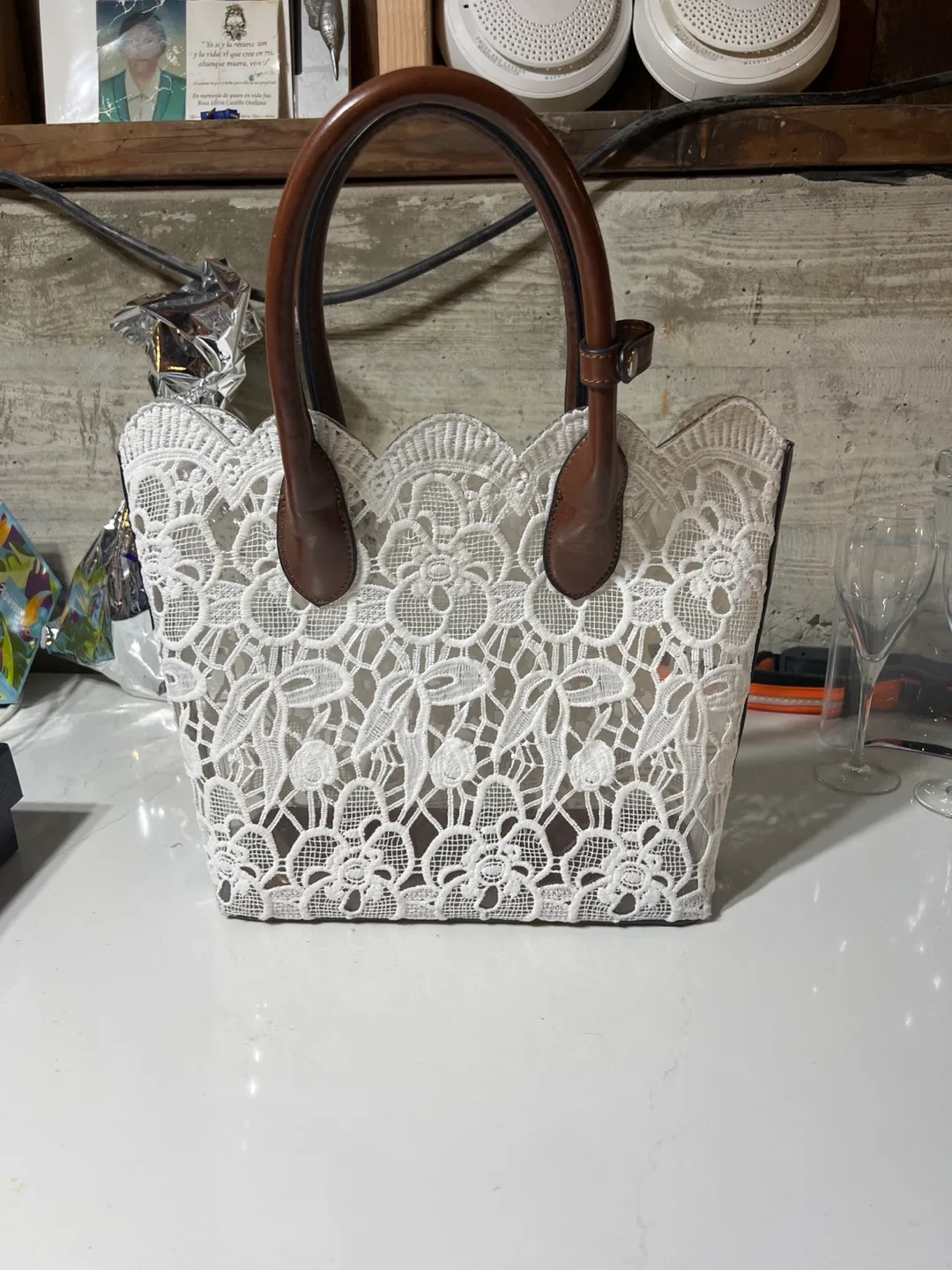White Lace & Brown Leather Handbag image indicator(4)