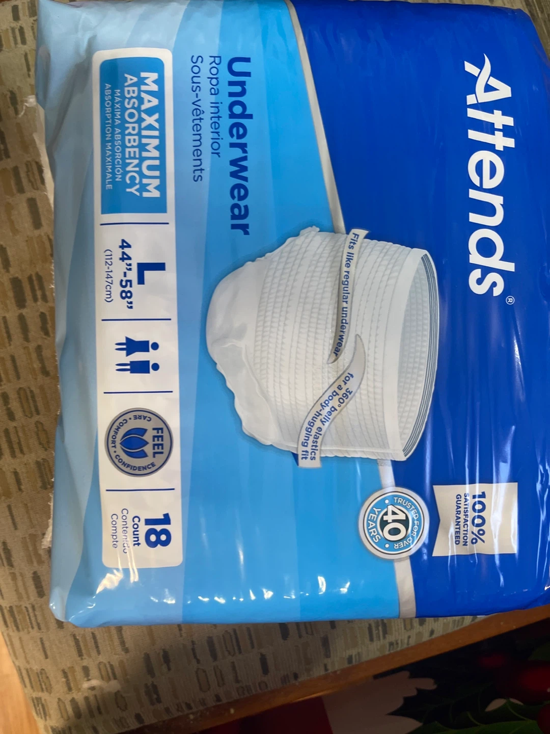 Attends Underwear, Size L (44-58") - 18 Count