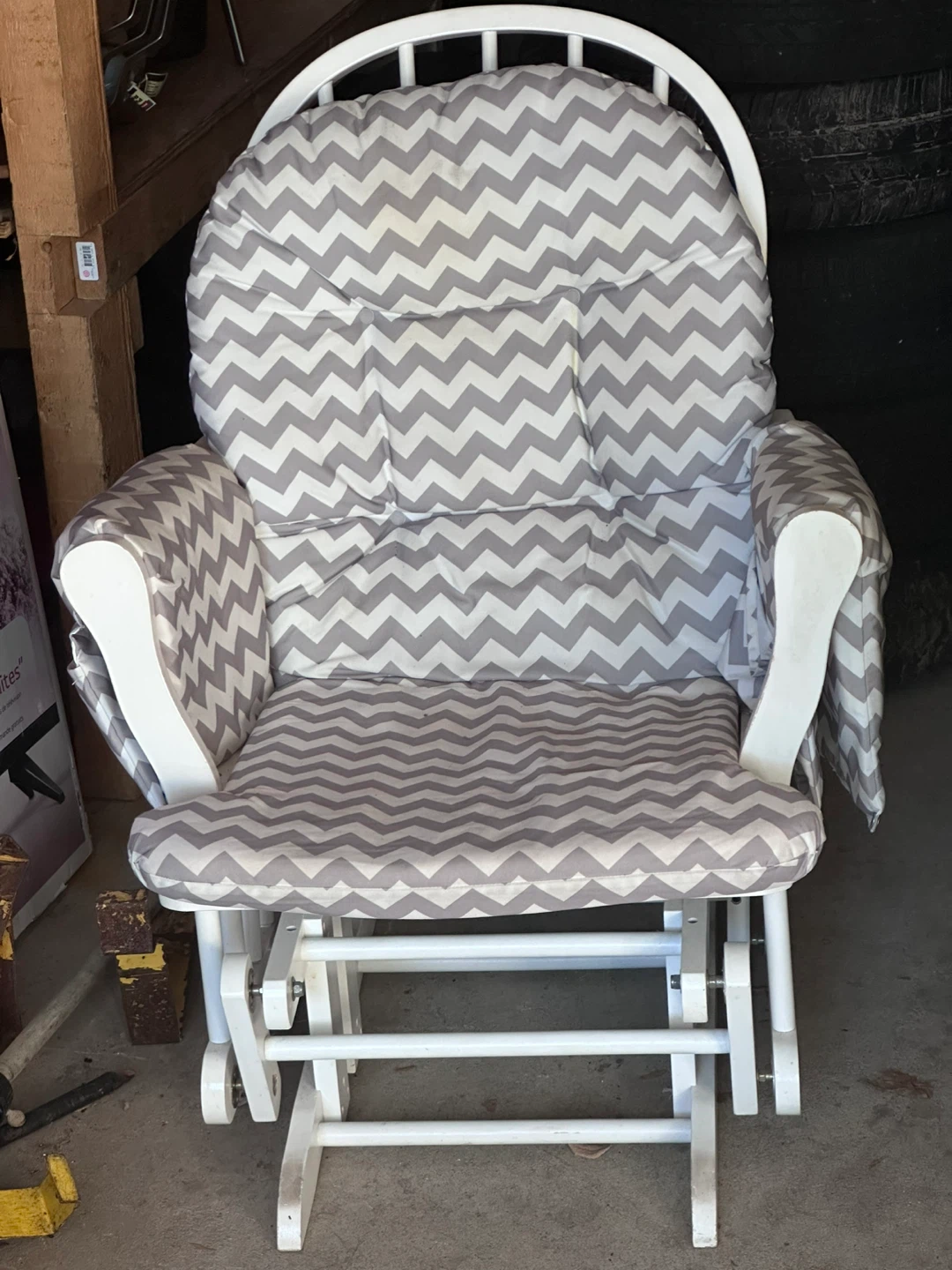 Glider Rocking Chair - White with Grey Chevron Cushions