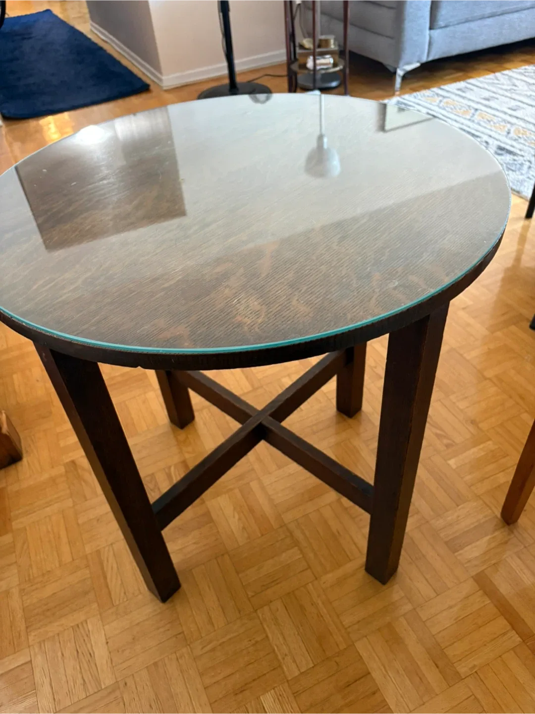 Antique Oak Round Table with Thick Glass Topper thumbnail