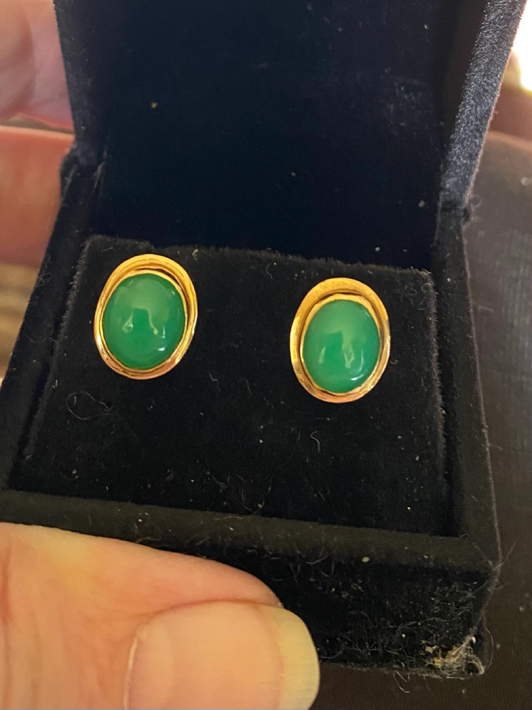 Jade- Green Stone Gold Earrings, - 14k