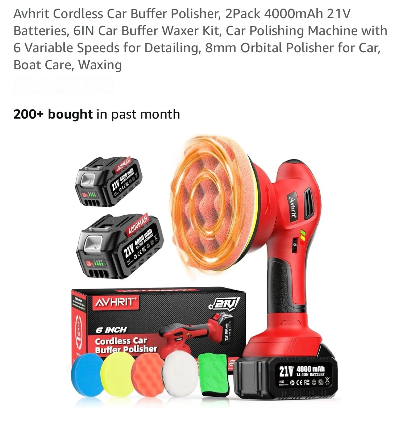 Avhrit Cordless Car Buffer Polisher, 6-inch