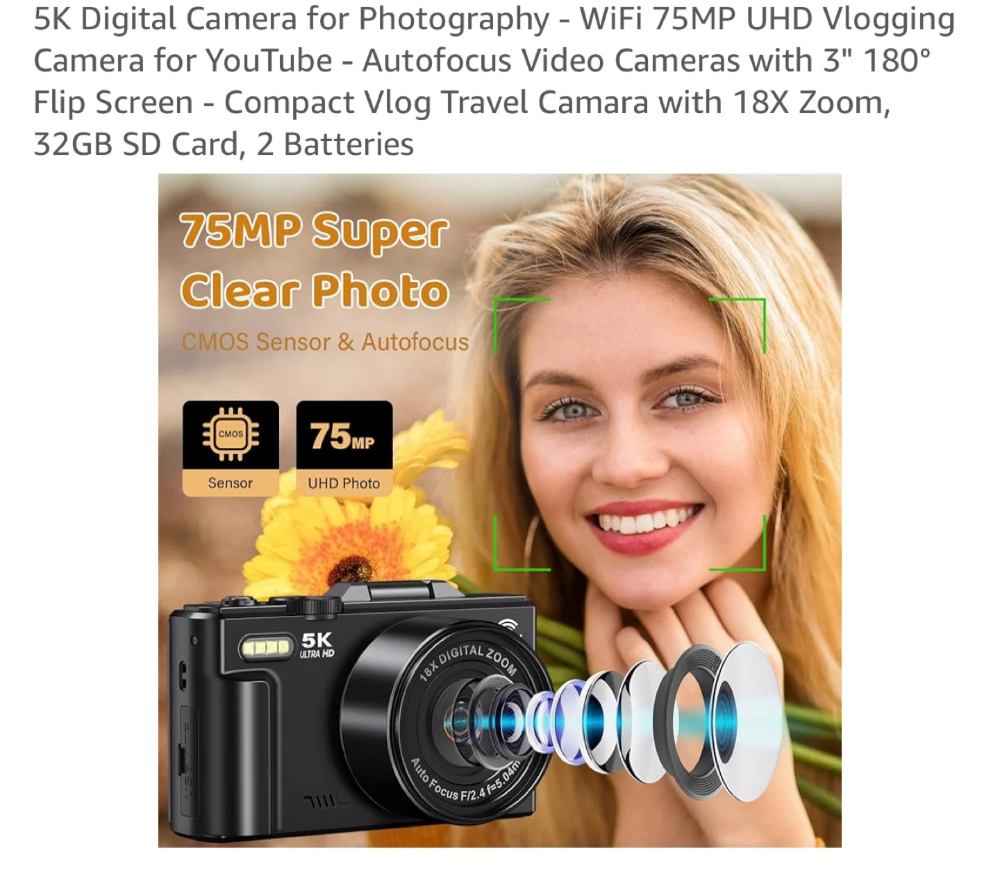 5K Digital Camera for Photography - WiFi 75MP UHD  Camera