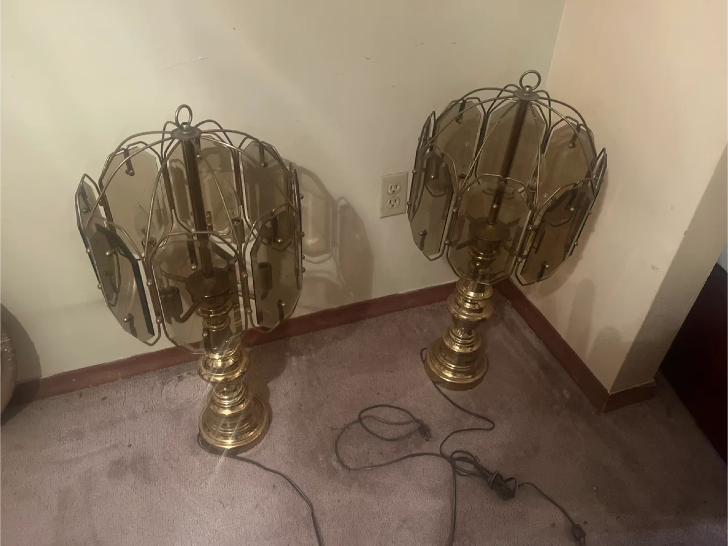 Vintage Brass & Smoked Glass Table Lamps - Set of 2 thumbnail