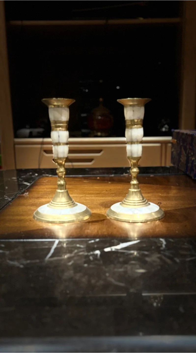 Pair of Brass and Marble Candlestick Holders thumbnail