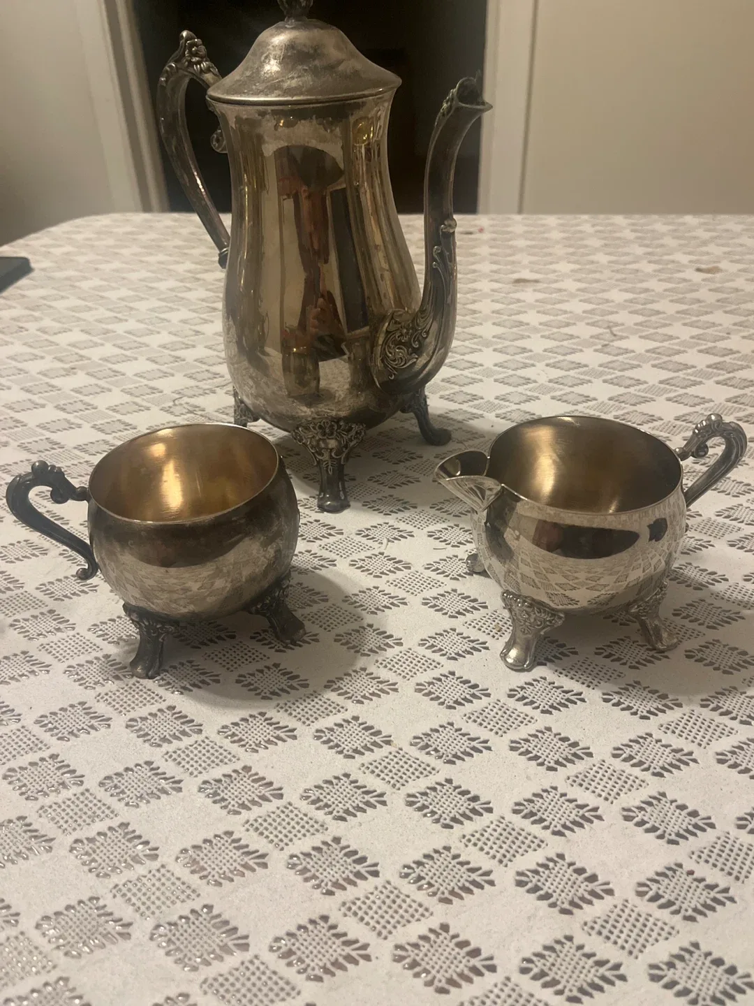 Vintage Silver Coffee Pot with Creamer and Sugar Set thumbnail