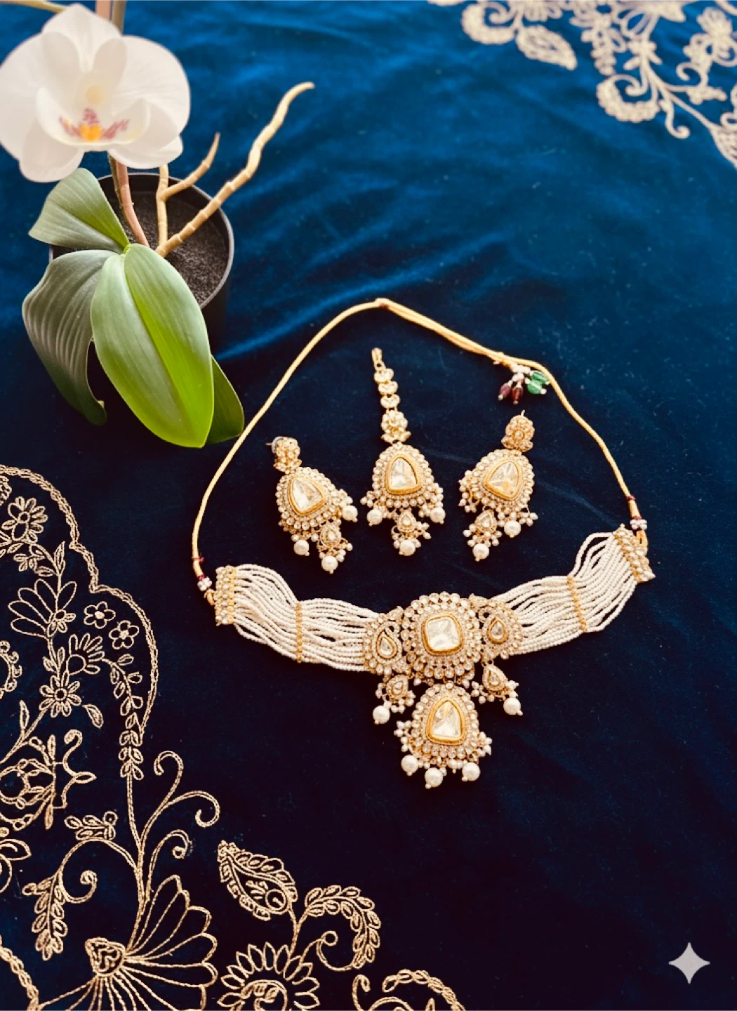 ✨ Kundan Pearl Jewelry Set – Necklace, Earrings & Maang Tikka ✨