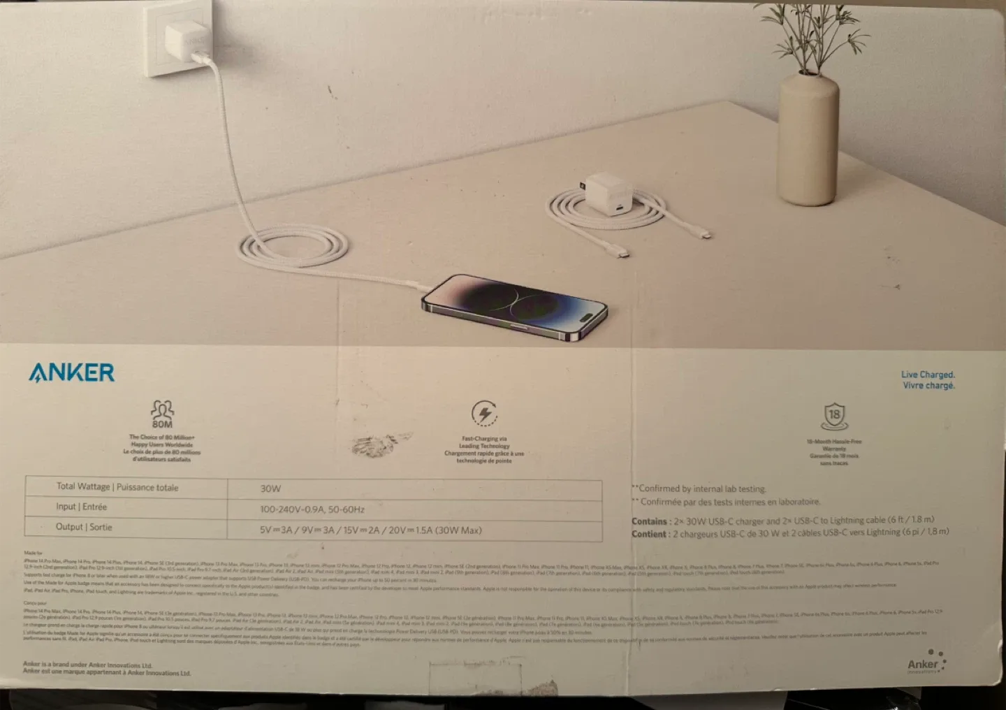 Anker Charger (30W) with USB-C to Lightning Cable (2-Pack) image indicator(2)