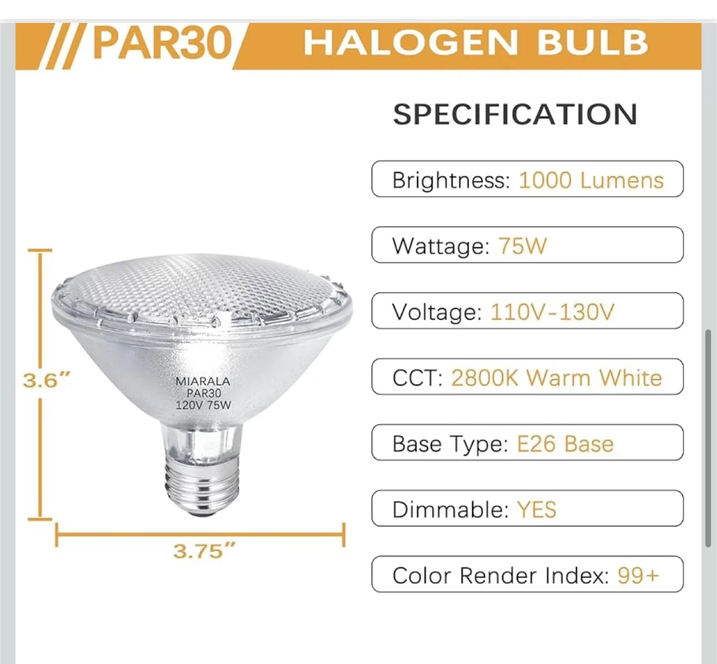 MIARALA PAR30 Halogen Bulb - 75W Dimmable image indicator(3)