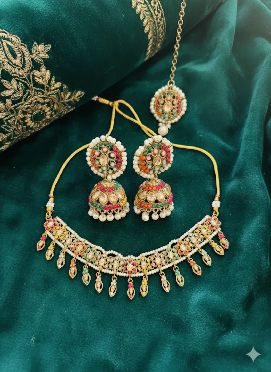 Choker Jhumka Earrings & Necklace Set - Colorful Bollywood Style
