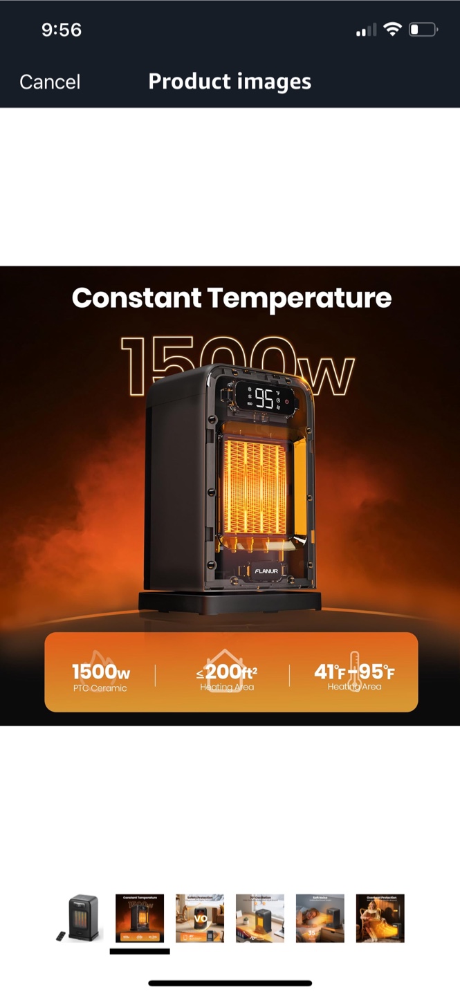 FLANUR 1500W Space Heater - Black - photo 3