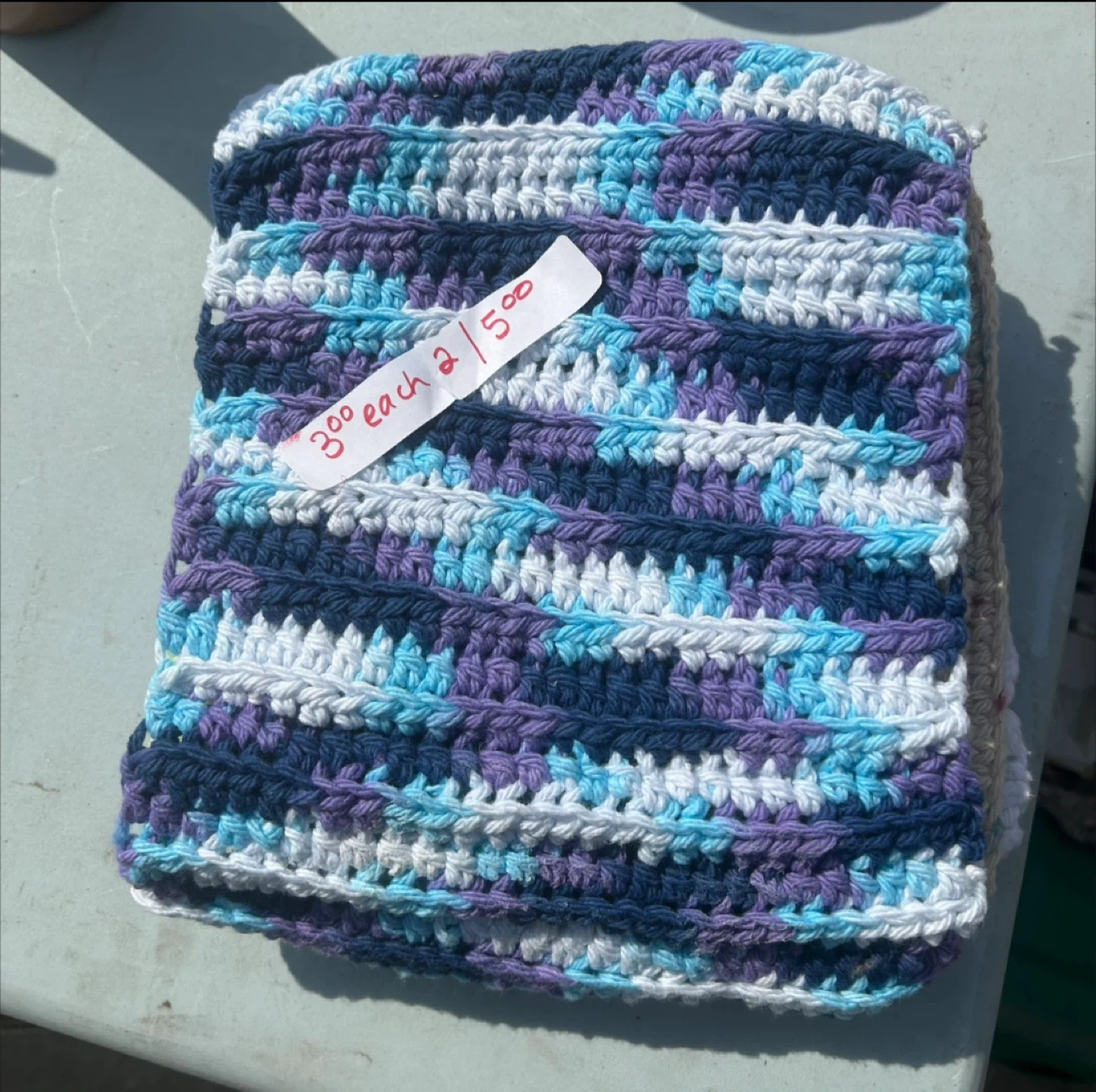 Handmade Crocheted Dishcloth - Blue, Purple, White