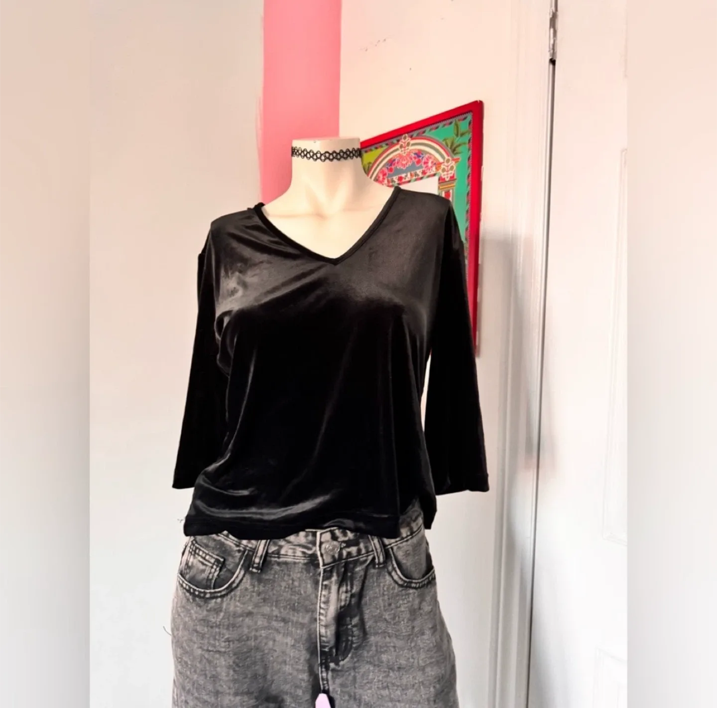 Black velvet v-neck long sleeve top thumbnail