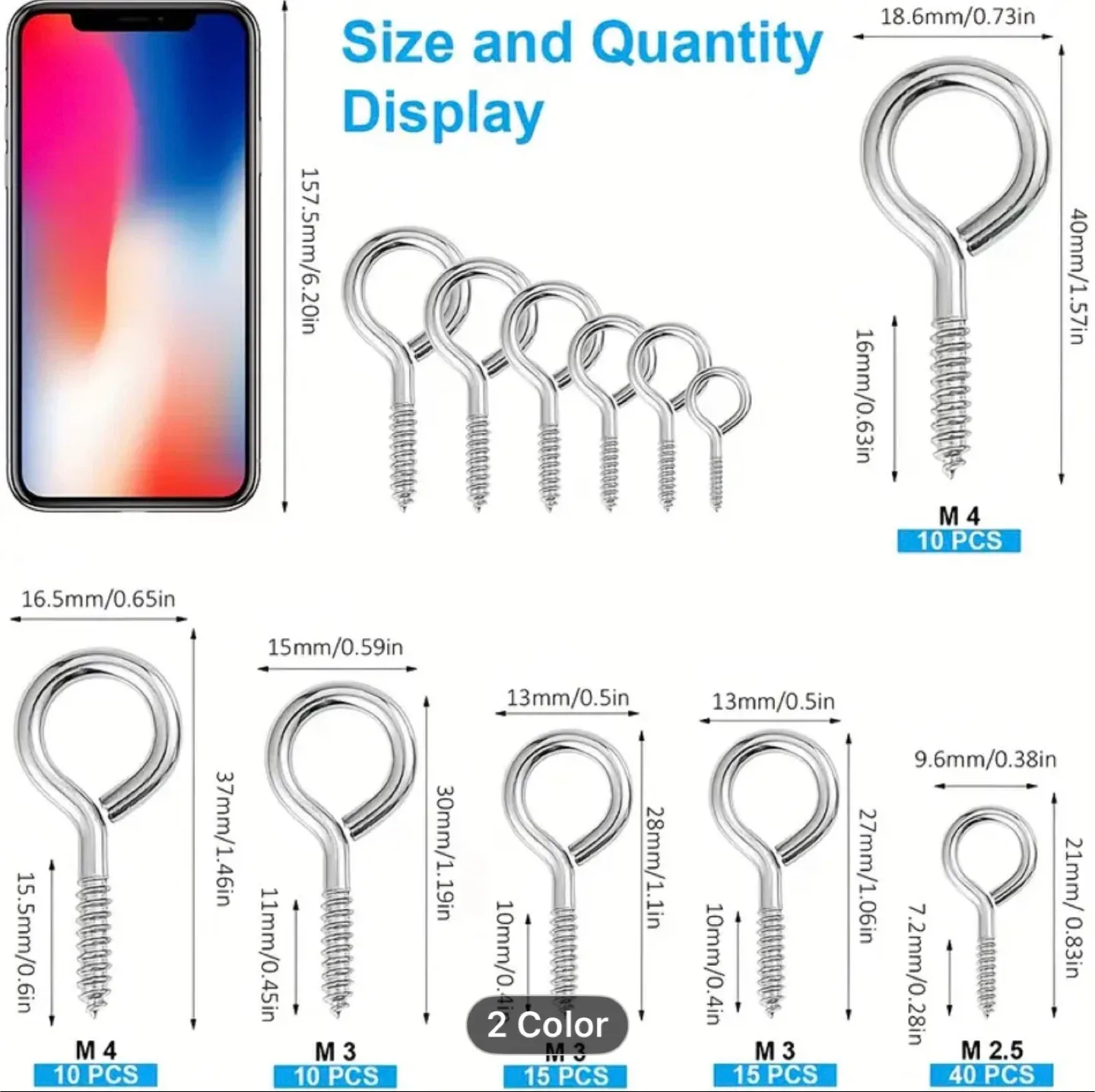 100pcs Screw Hook Screw 6 Sizes Lag Eye Bolt Eye Screw image indicator(4)