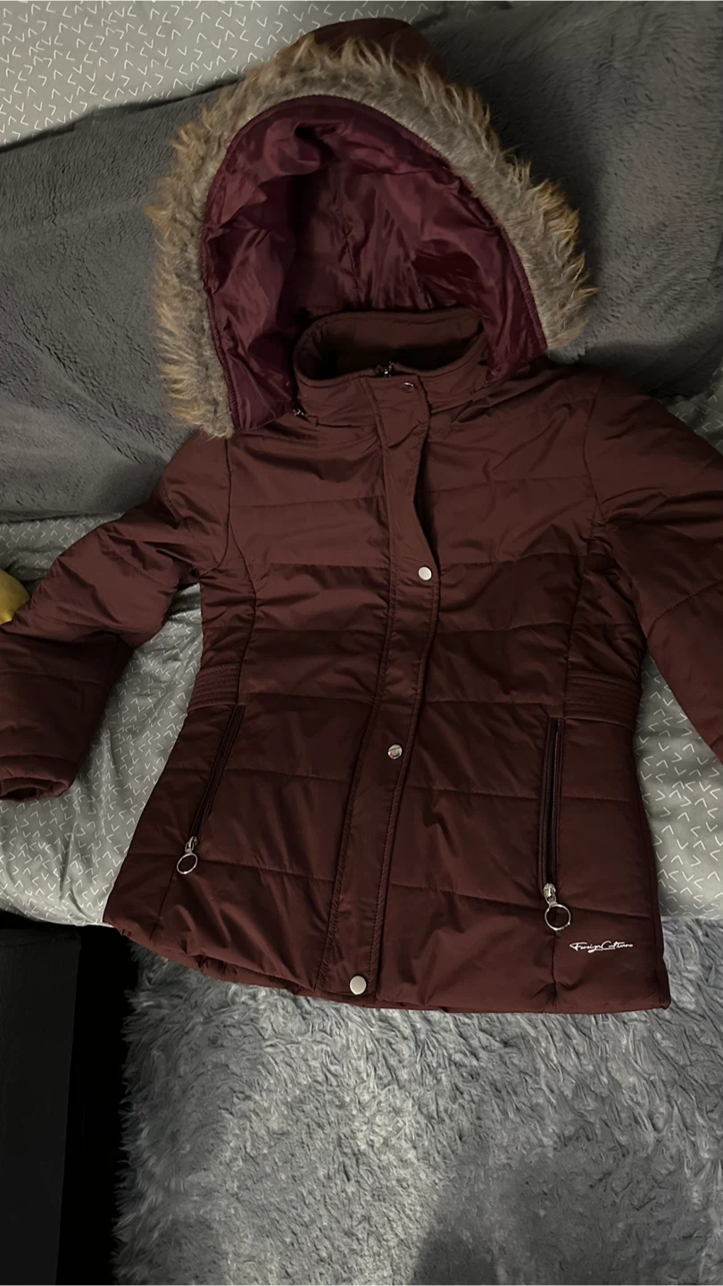 Fort collins Burgundy Puffer Jacket with Faux Fur Hood