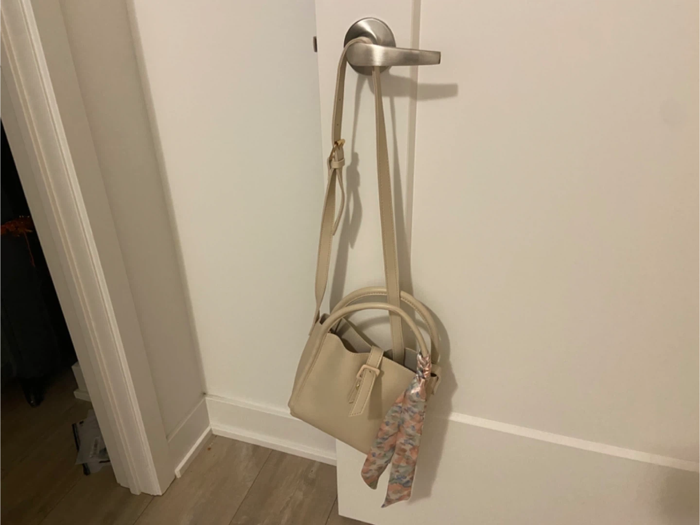 Beige Mini Bucket Bag with Scarf Accent