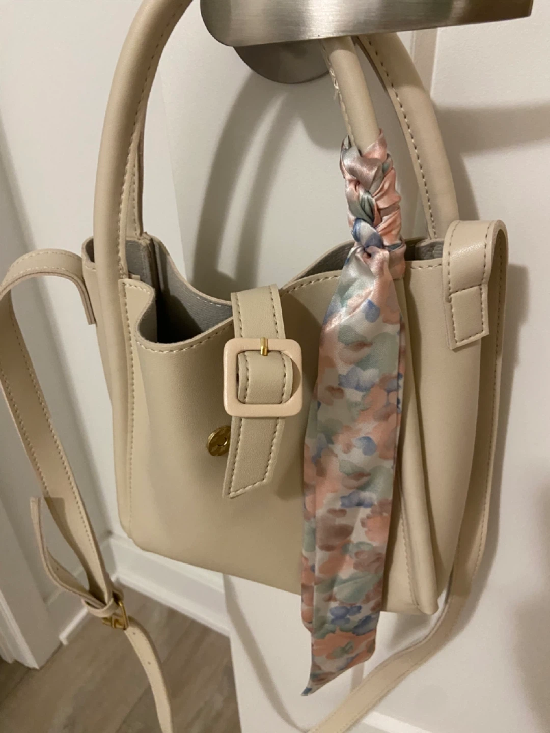 Beige Mini Bucket Bag with Scarf Accent - photo 4
