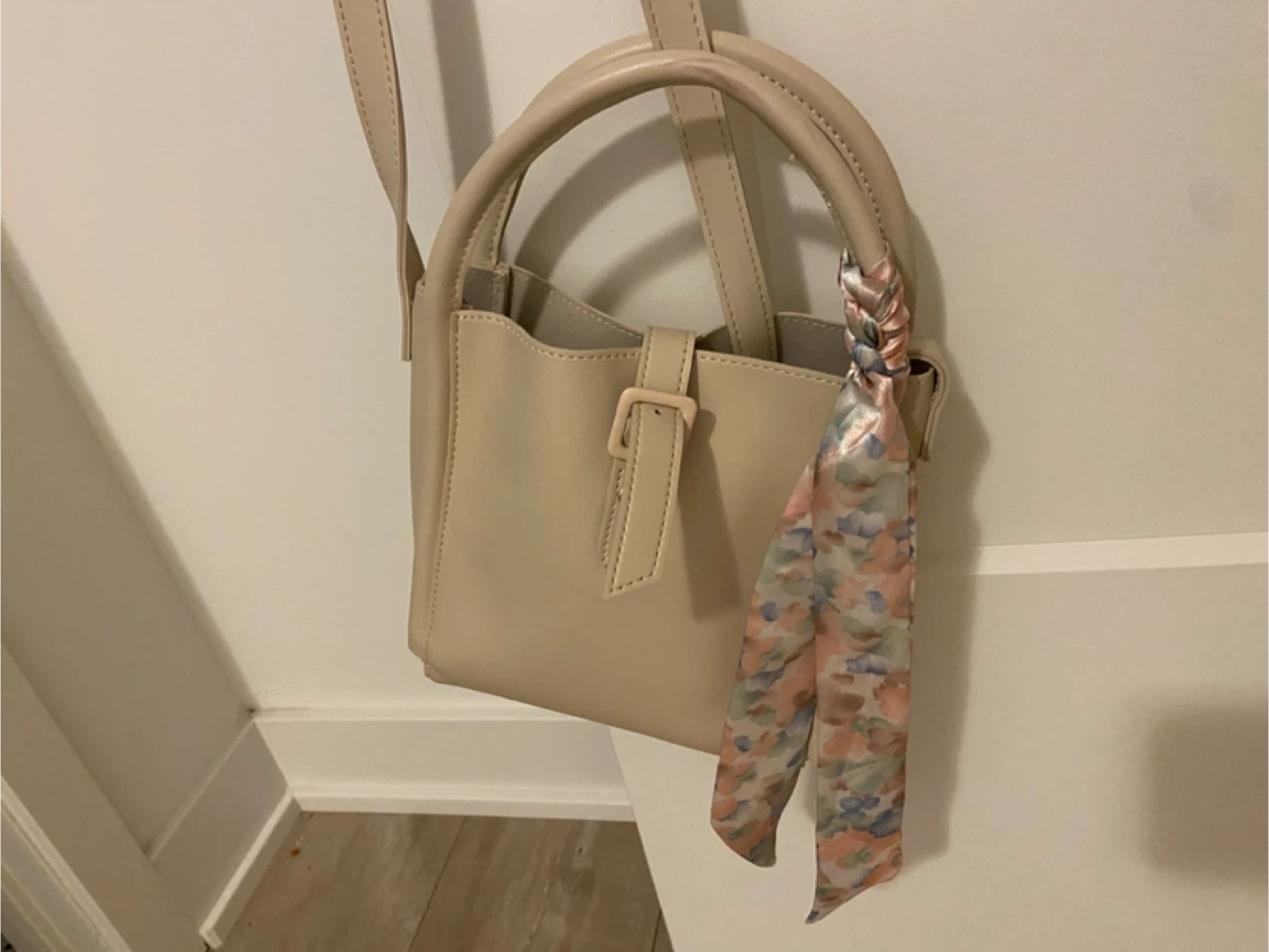 Beige Mini Bucket Bag with Scarf Accent - photo 2
