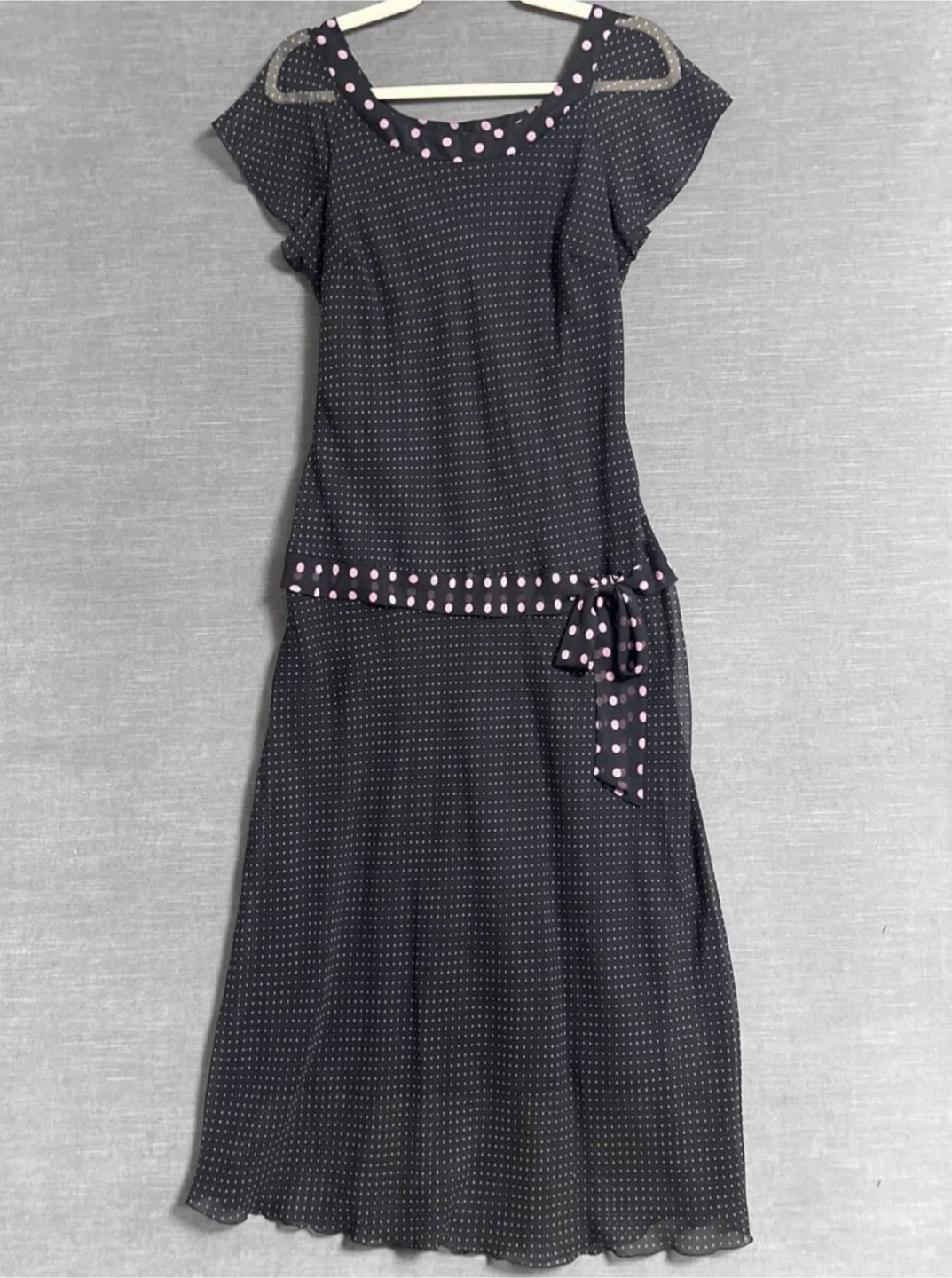 Dress Barn 16 Pink Black Polkadot Drop Waist Midi Chiffon