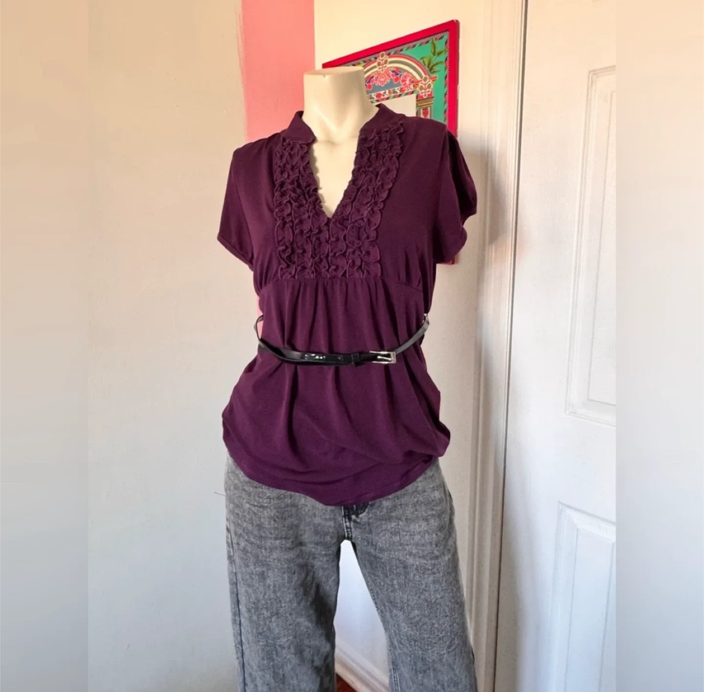 Heart Soul purple top with ruffle neckline and short sleeves thumbnail