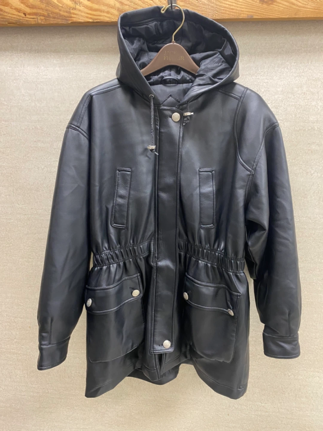Weather Spirits Black Faux Leather Hooded Jacket - L/G