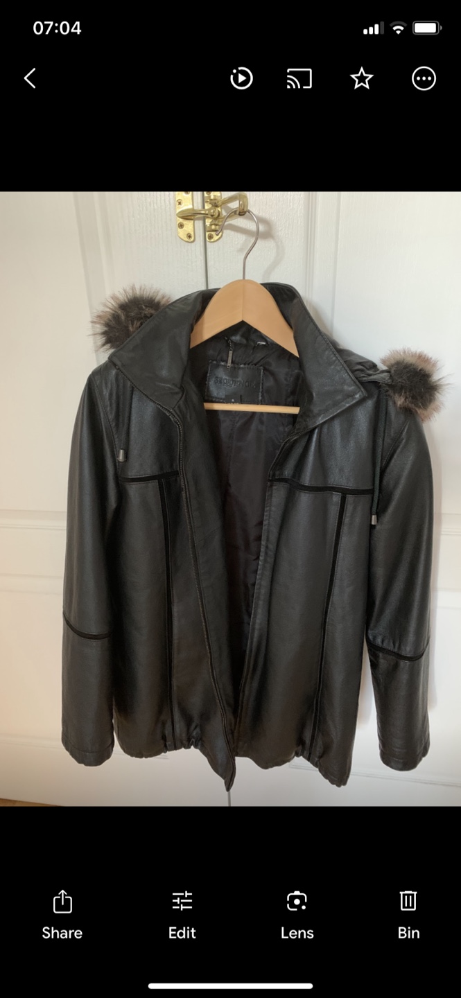 Damier Leather Coat with Fur Collar