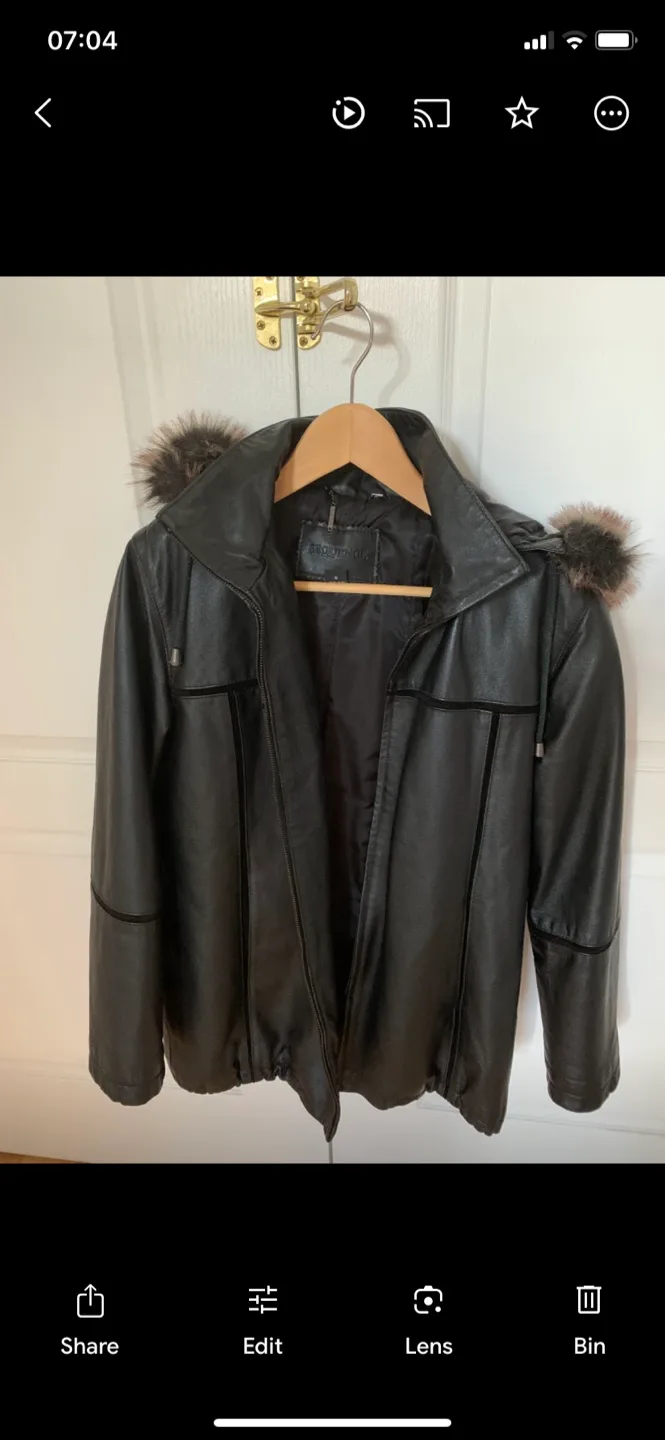 Damier Leather Coat with Fur Collar thumbnail