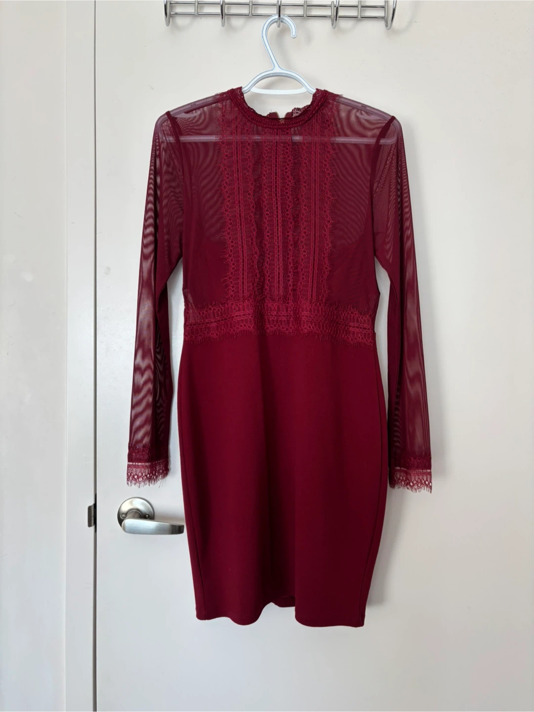 Burgundy Sheer Sleeve Bodycon Dress