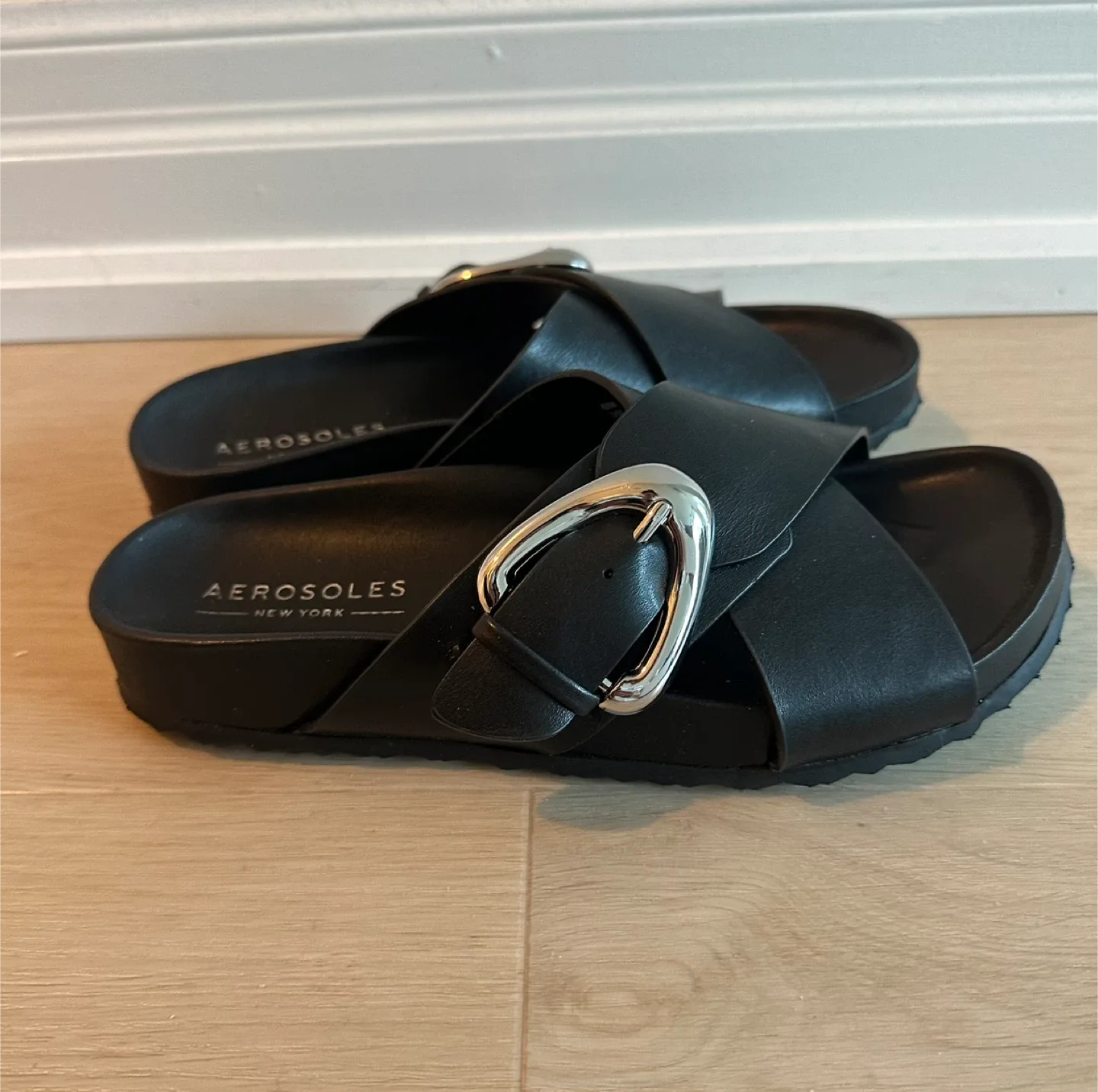 Aerosoles Black Leather Buckle Slides image indicator(3)