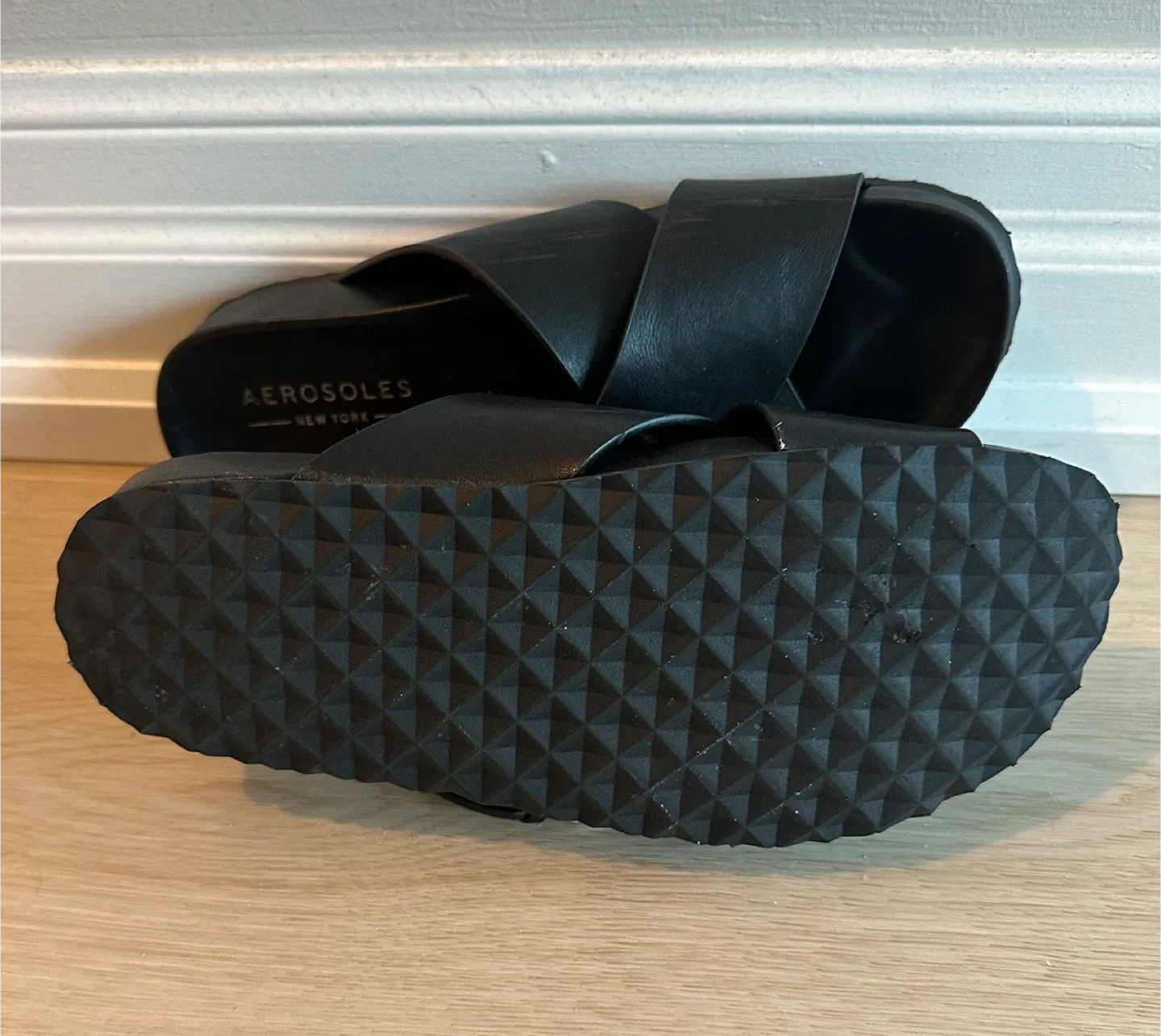 Aerosoles Black Leather Buckle Slides image indicator(2)