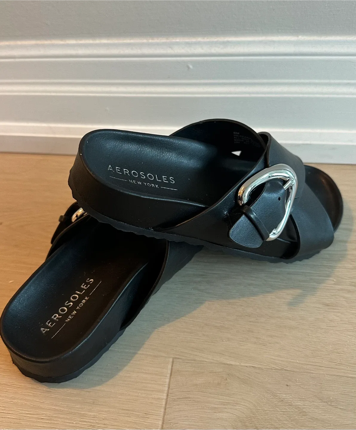 Aerosoles Black Leather Buckle Slides image indicator(4)