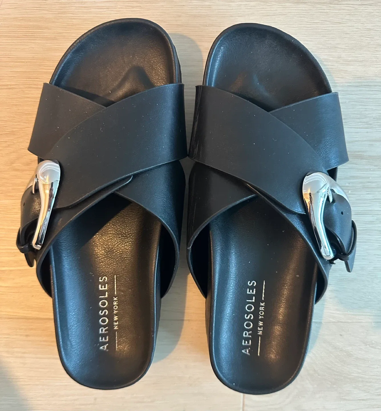 Aerosoles Black Leather Buckle Slides image indicator(5)