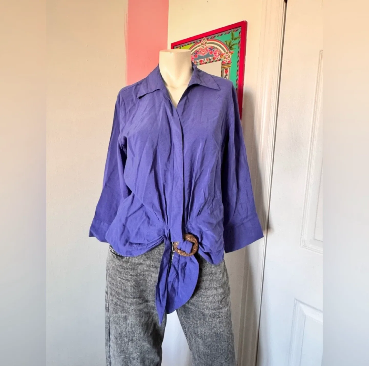 Coldwater Creek purple tie-front button-up shirt with cuffs thumbnail